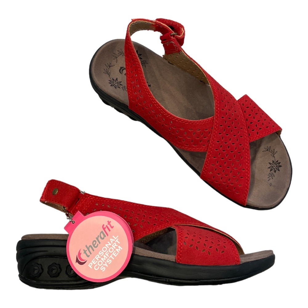 THERAFIT Olivia Women's Adjustable Cross Strap Sandal in Red - Size 6.5-7 / 37